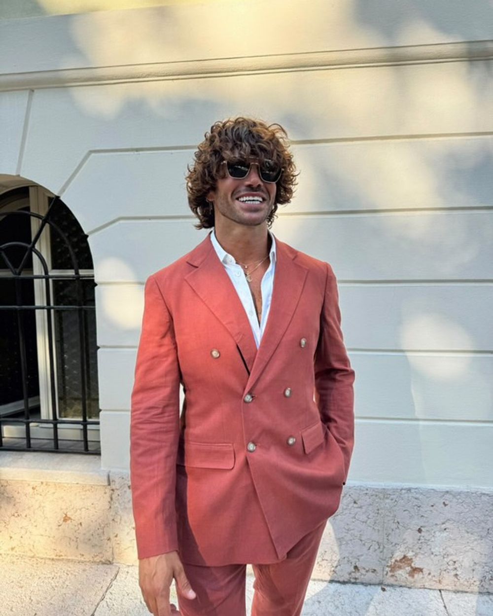 Terracotta Double-Breasted Suit with Open White Shirt