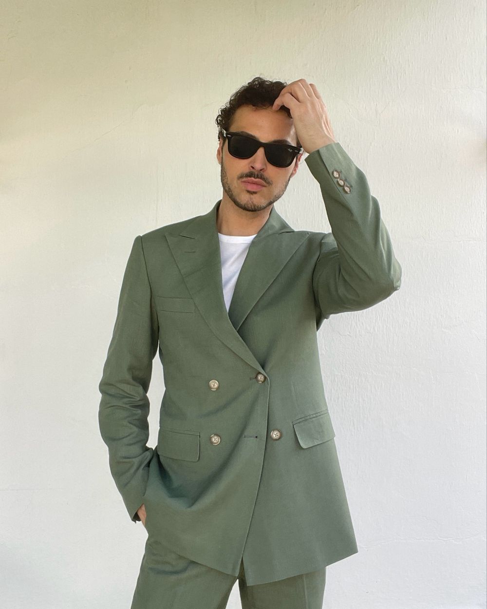 Olive Green Double-Breasted Suit with White T-Shirt