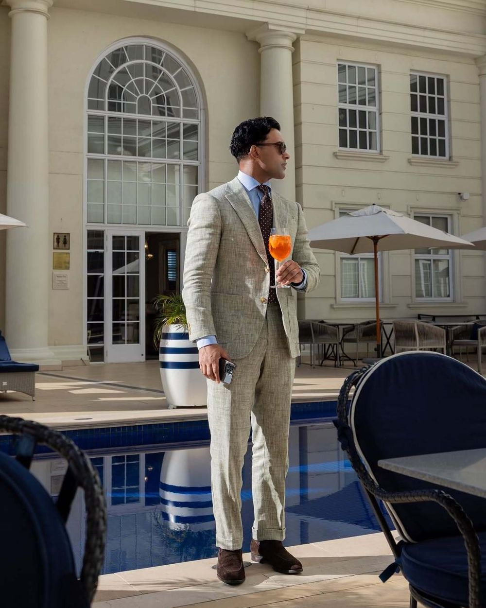 Light Gray Linen Suit with Blue Shirt and Polka Dot Tie