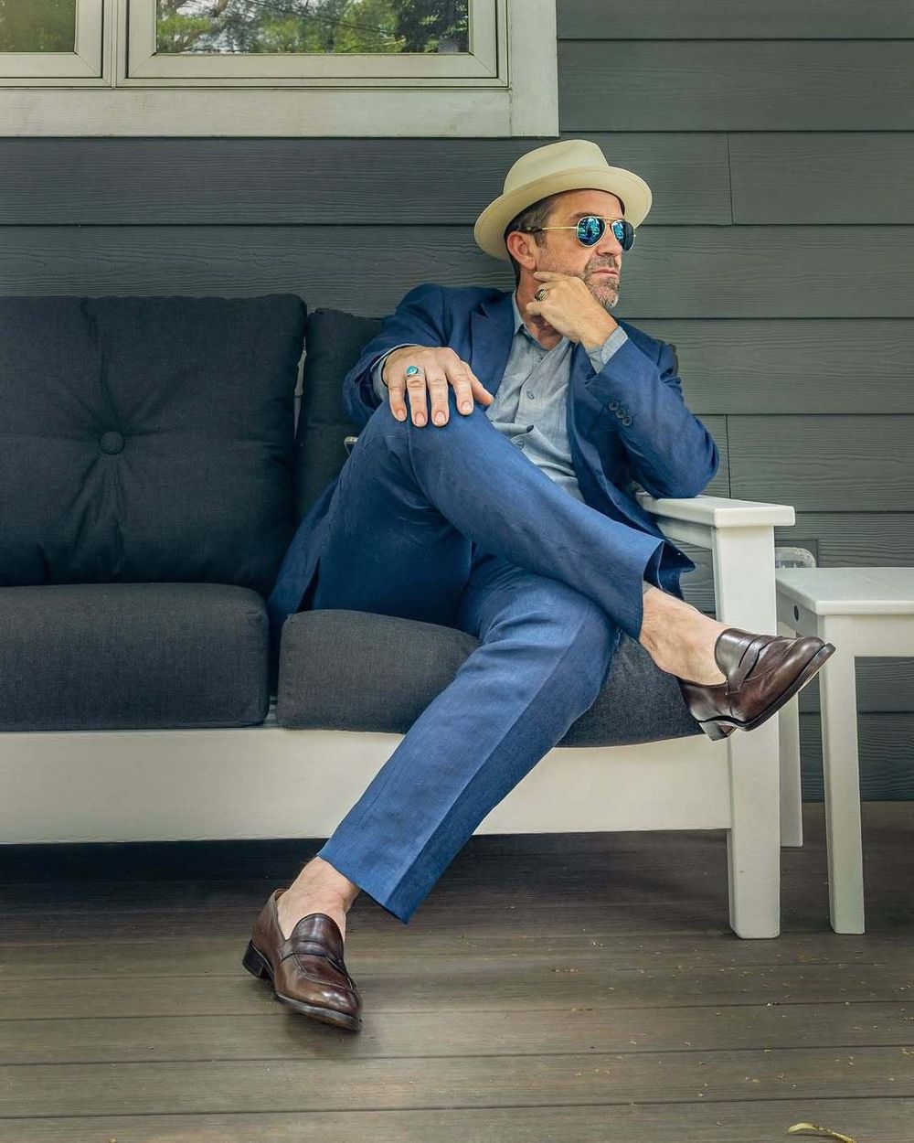 Blue Linen Suit with Light Blue Shirt and Panama Hat
