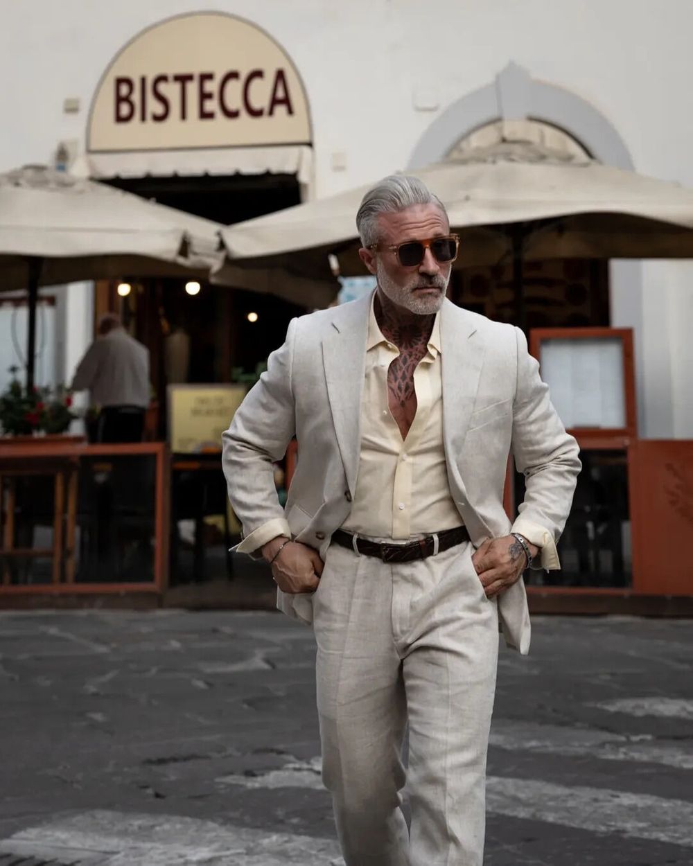 Cream Linen Suit with Pale Yellow Shirt and Dark Loafers