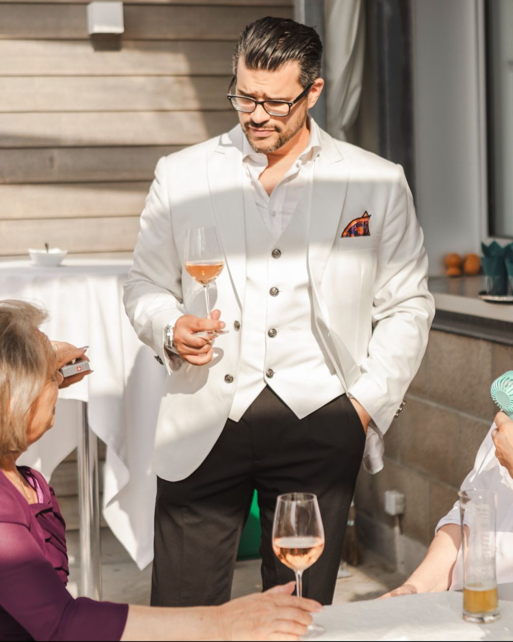 White Three-Piece Suit with Black Trousers