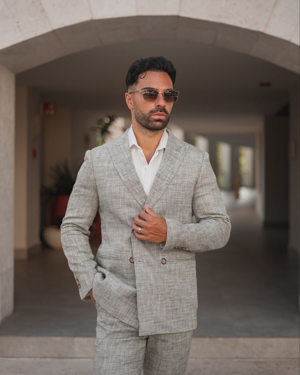 Sage Green Double-Breasted Linen Suit with White Shirt