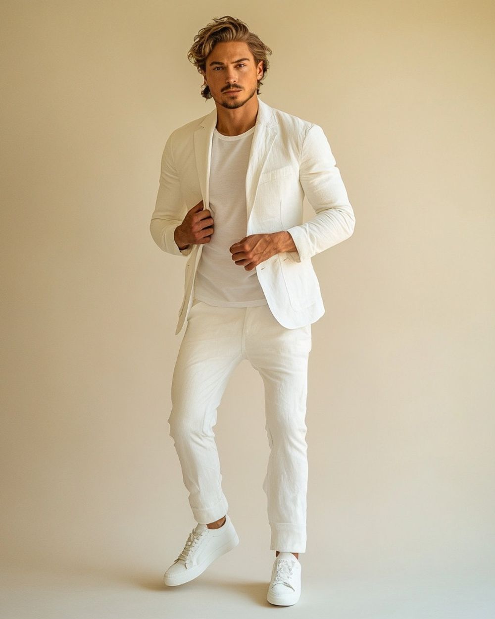 All-White Linen Suit with T-Shirt and Sneakers