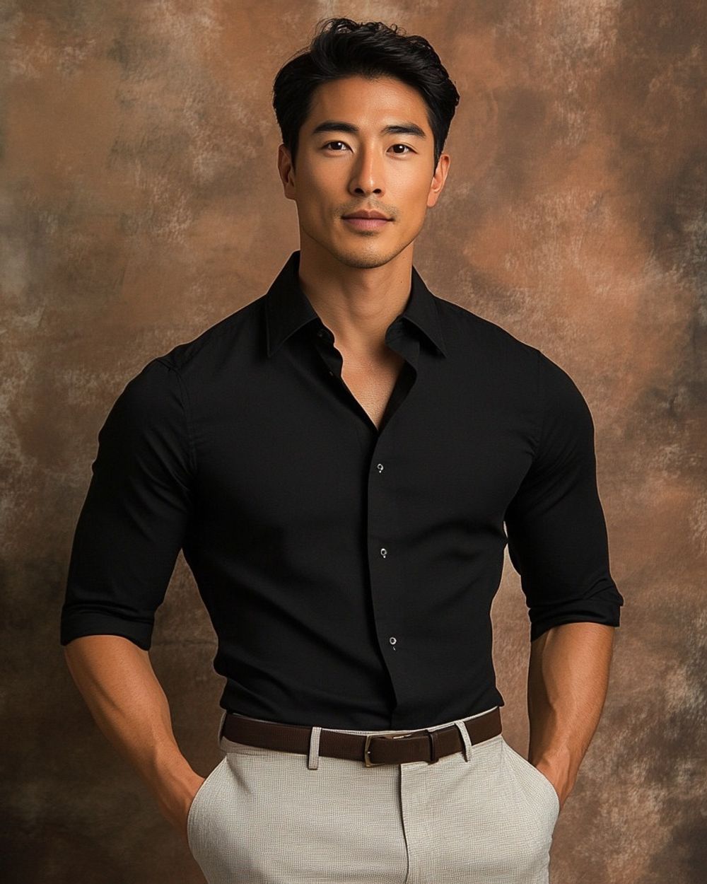 Black Dress Shirt with Beige Trousers and Brown Belt