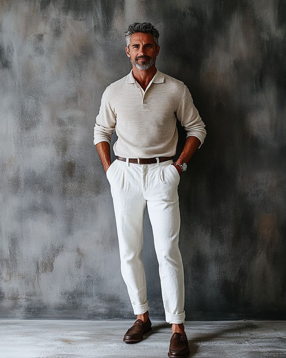 Beige Knit Polo with White Pleated Trousers and Loafers