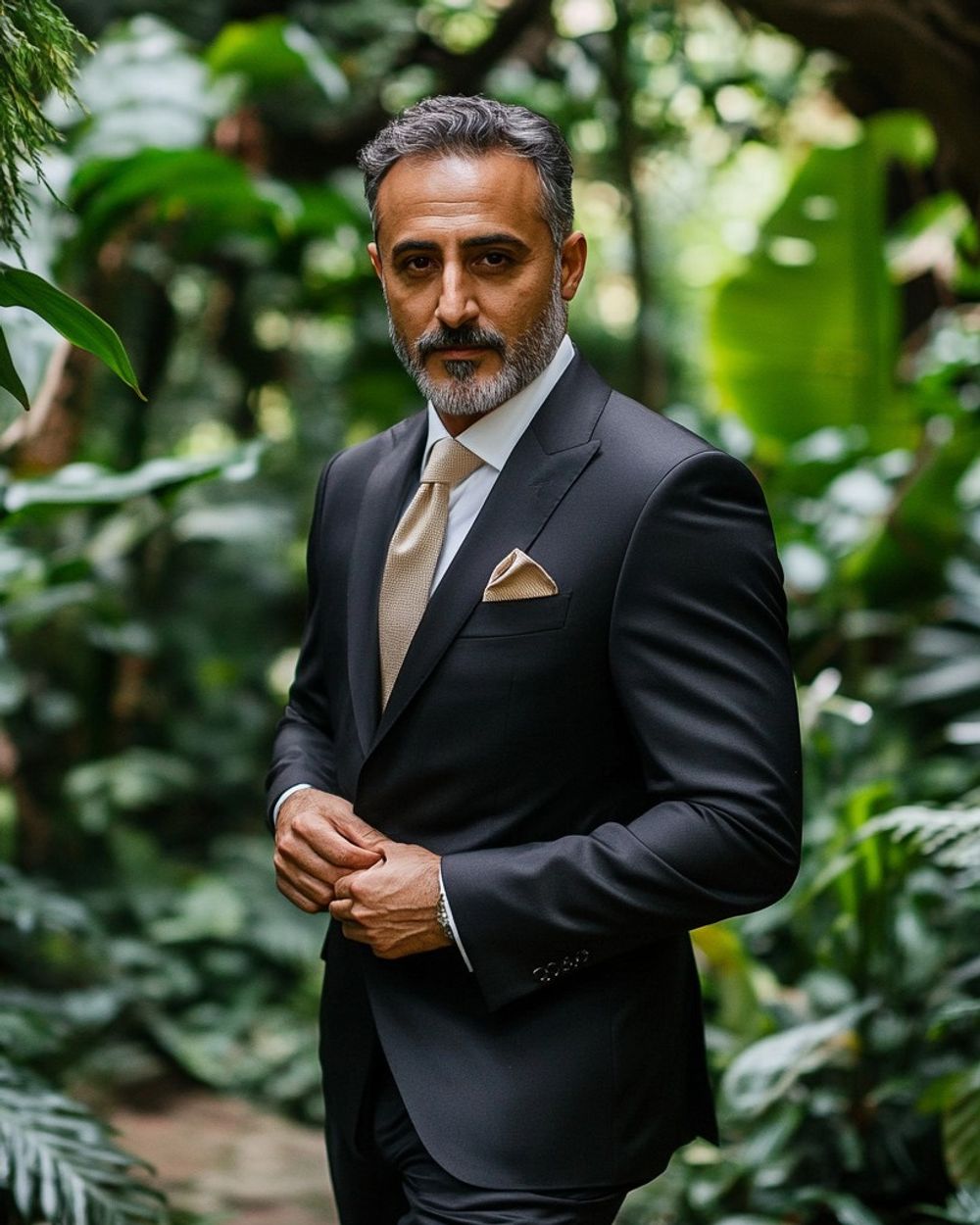 Black Two-Piece Suit with Champagne Tie and Pocket Square