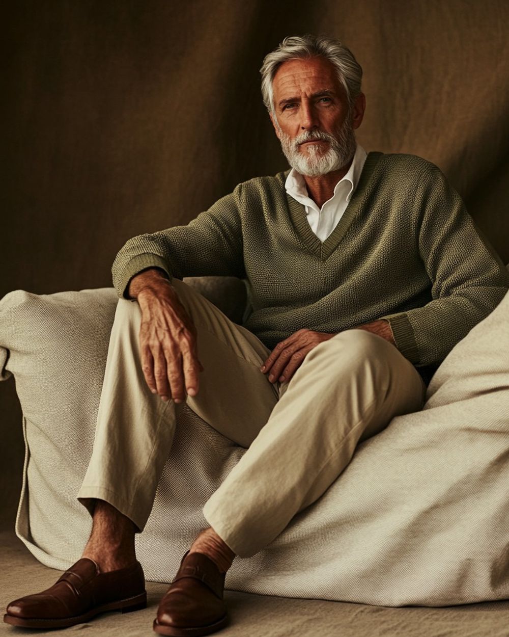 Olive Green Knit Sweater with Beige Trousers