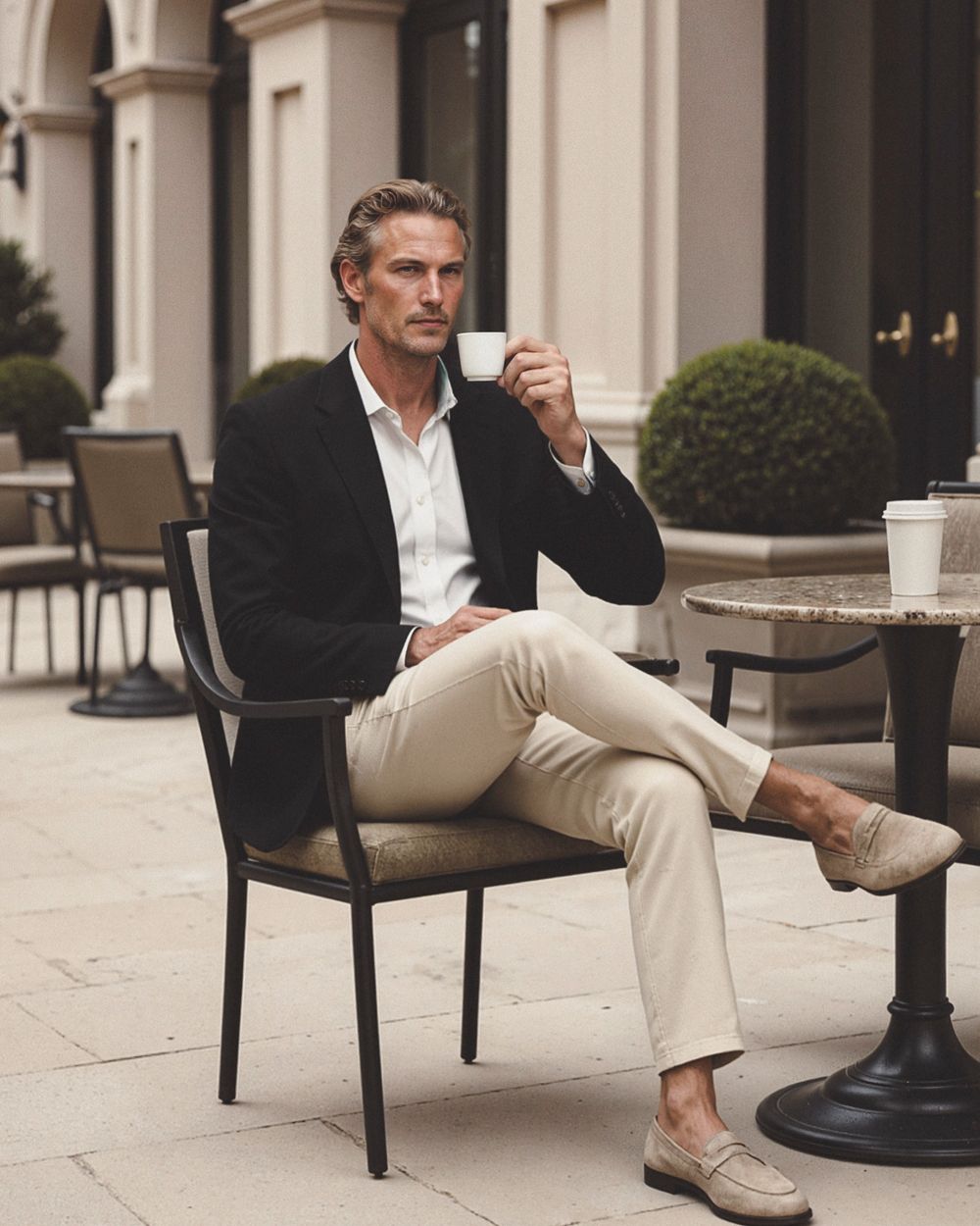 Black Blazer with White Shirt and Cream Chinos