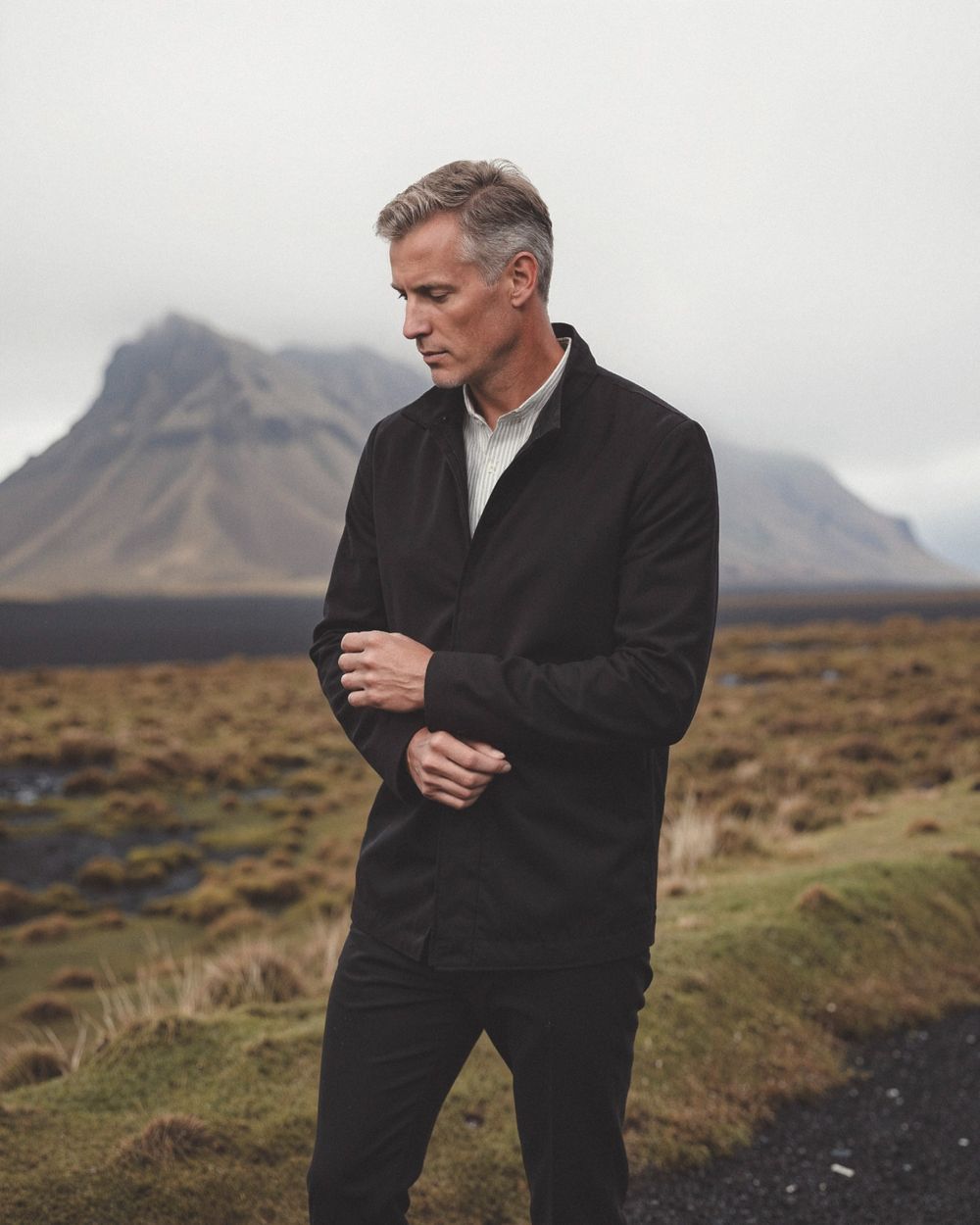 Black Harrington Jacket with Striped Shirt and Black Trousers