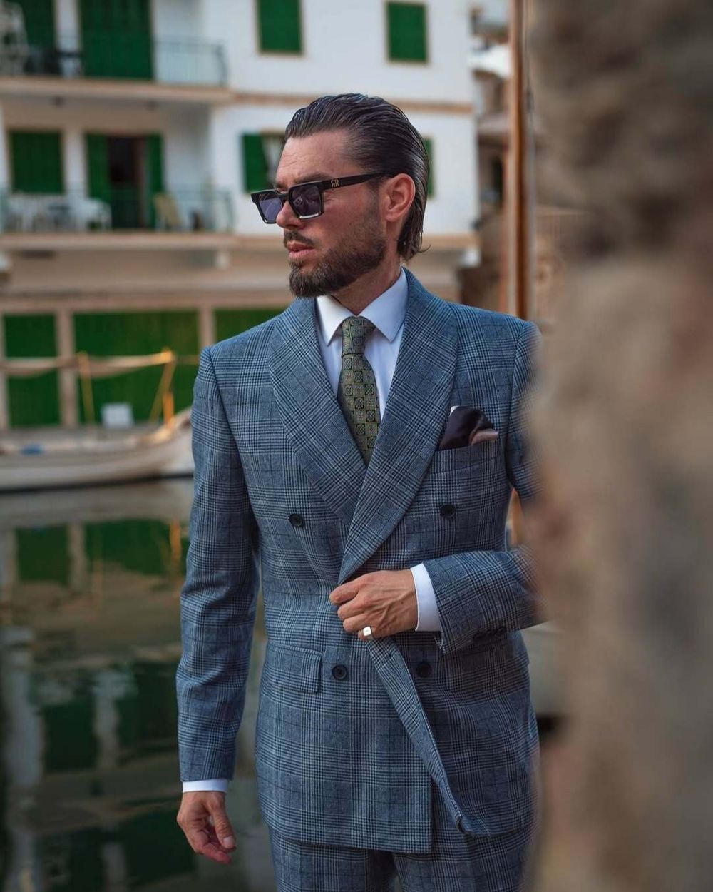 Blue Checked Double-Breasted Suit with Olive Green Tie