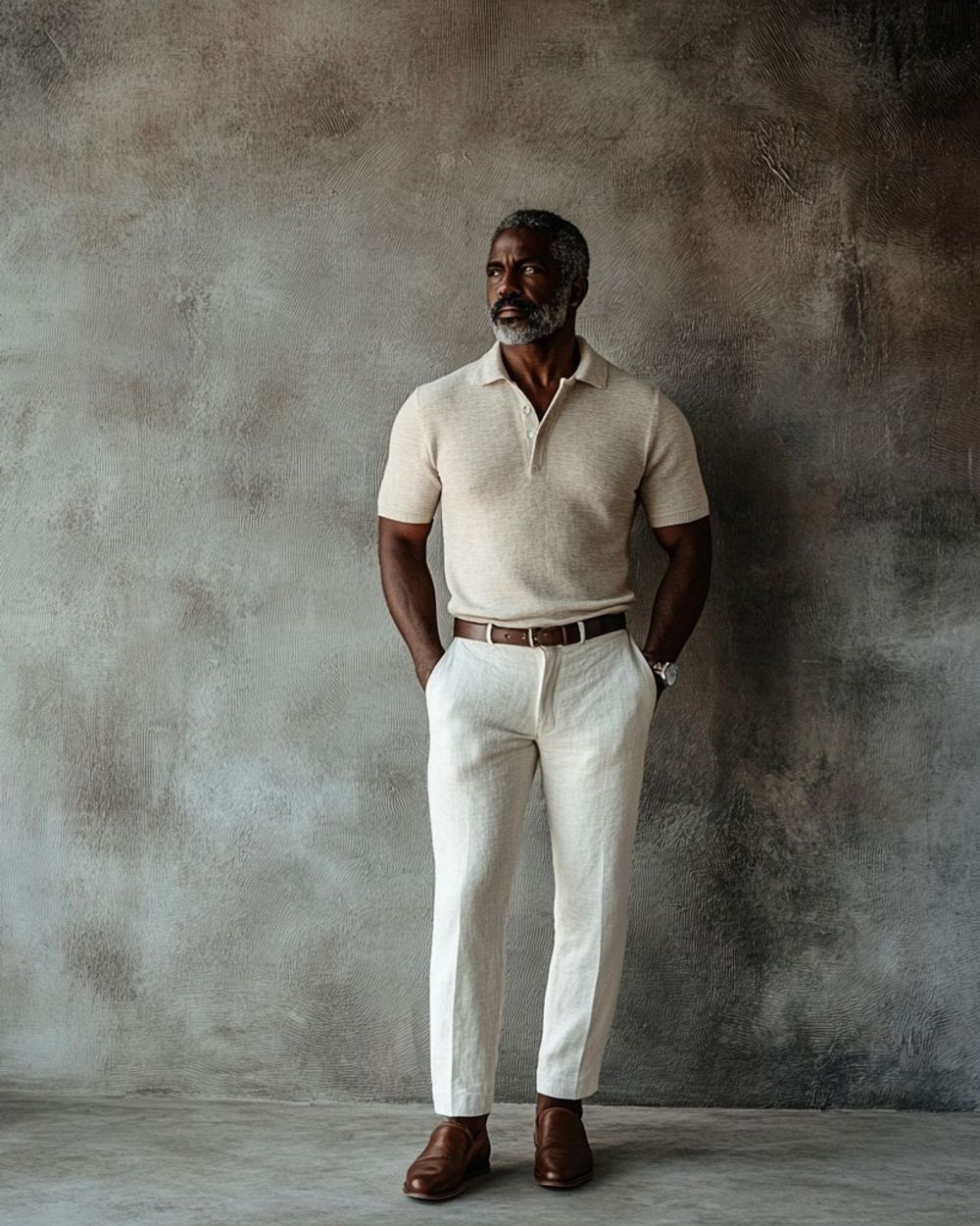 Beige Polo with White Linen Trousers