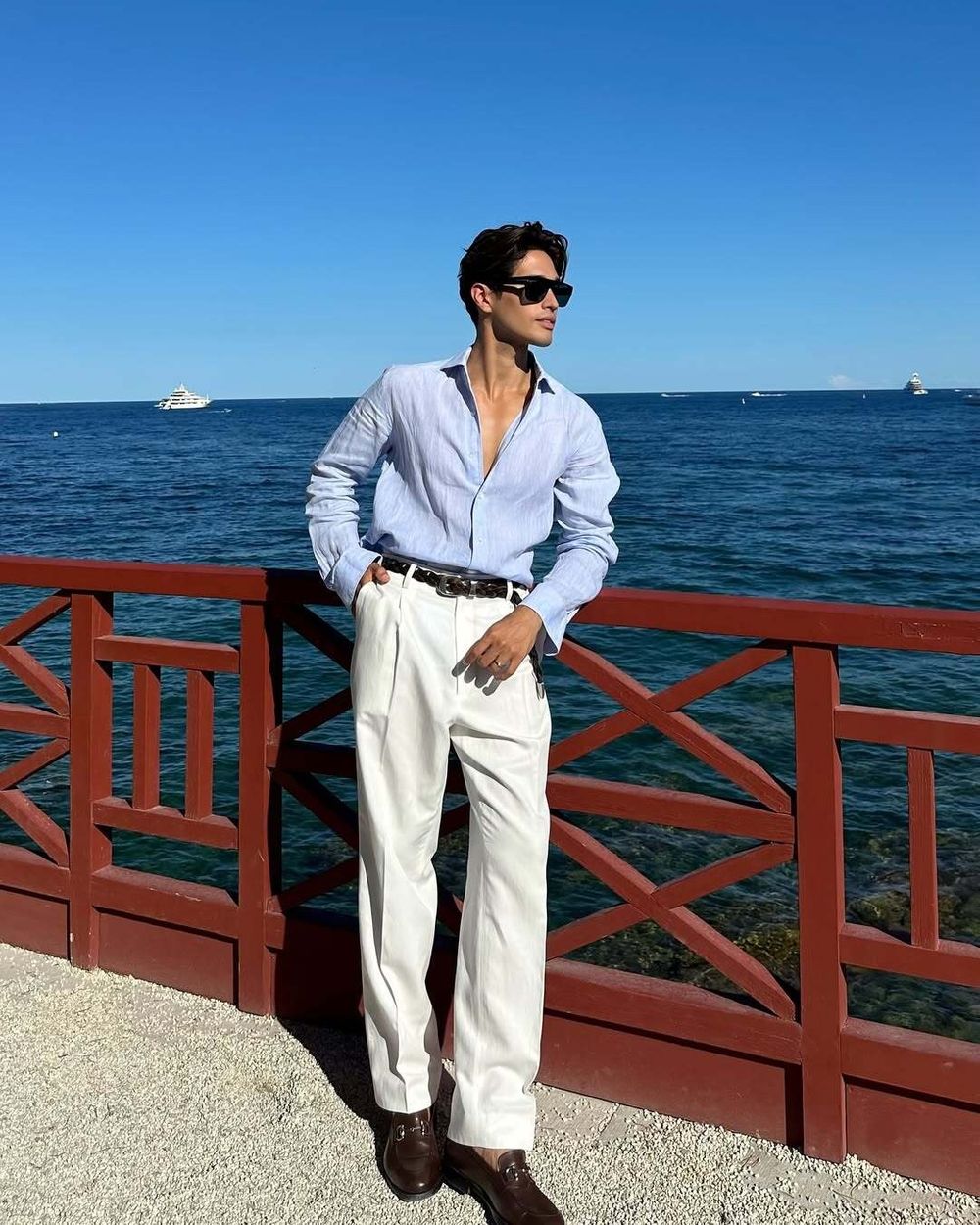 Light Blue Linen Shirt with White Pleated Trousers