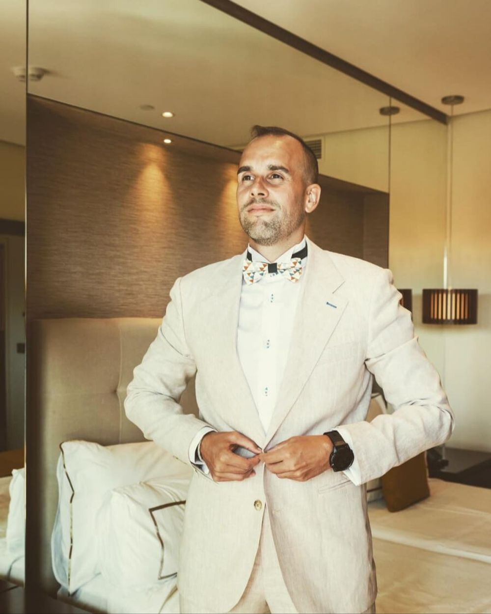 Beige Linen Suit with White Dress Shirt and Bow Tie