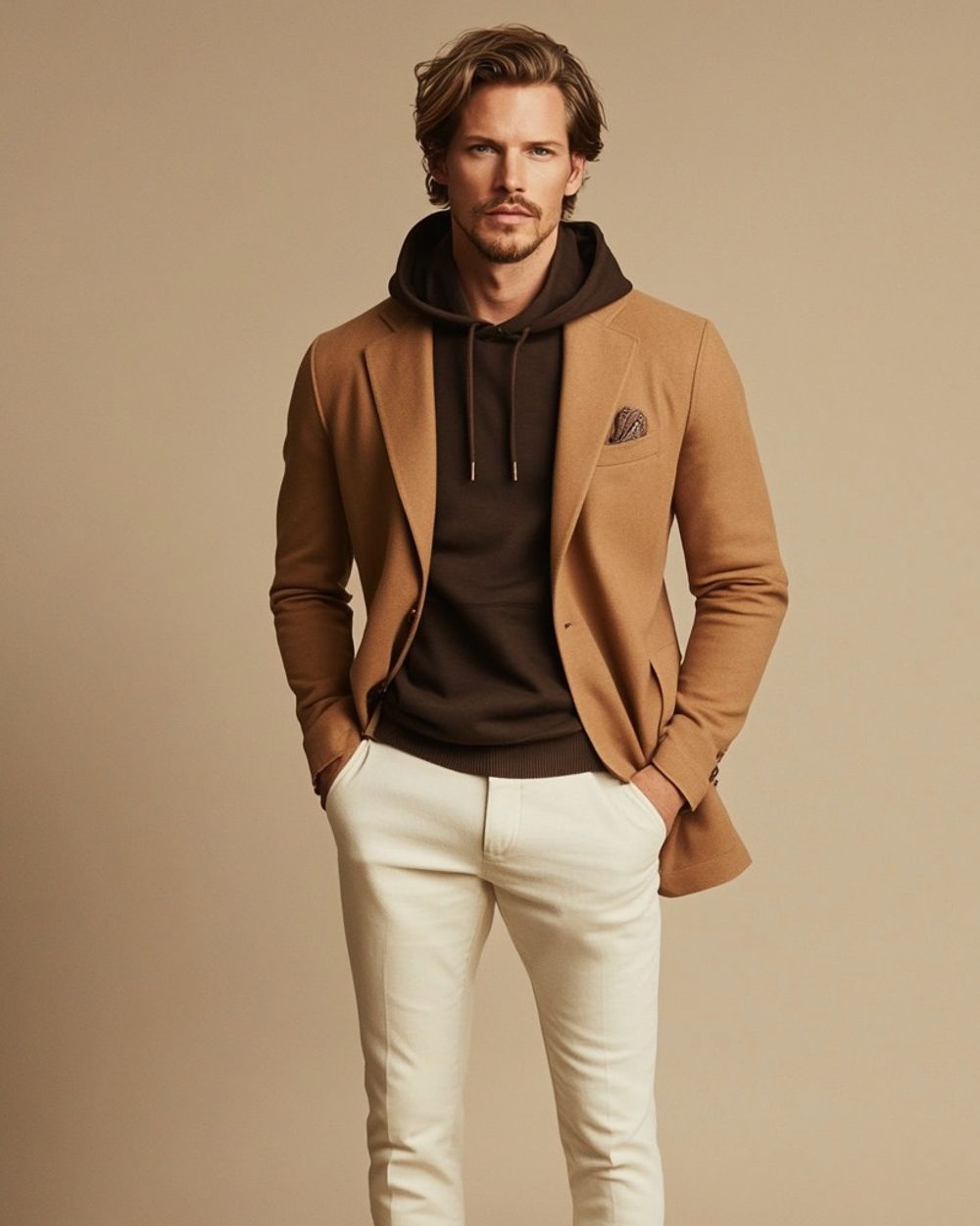 Camel Blazer with Brown Hoodie and Cream Trousers
