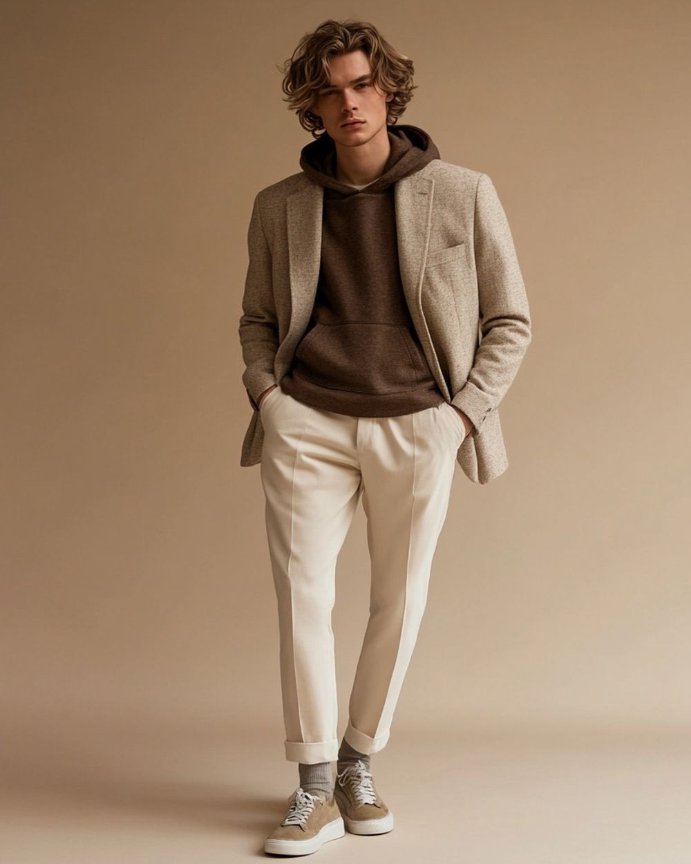 Beige Blazer with Brown Hoodie and Cream Trousers