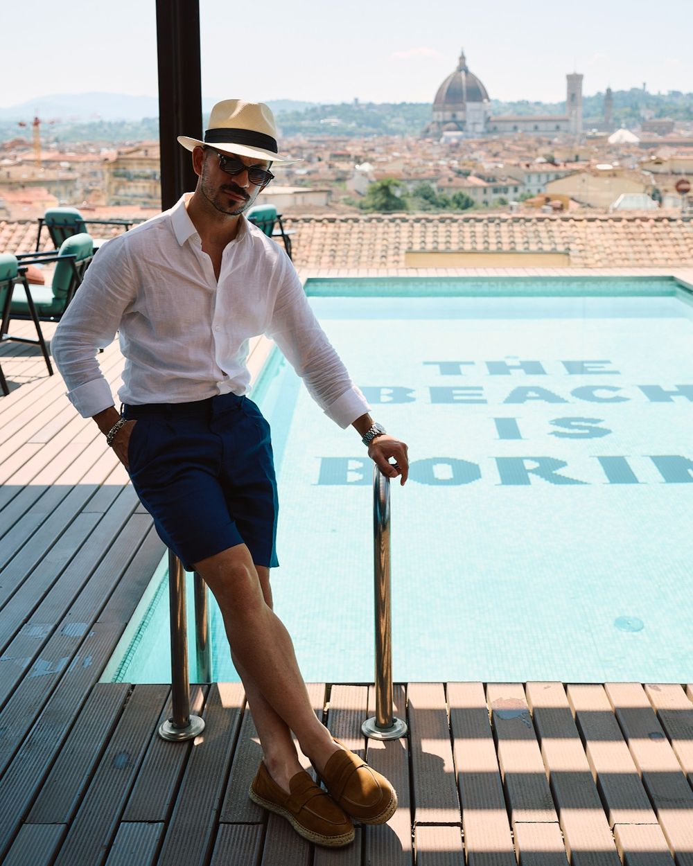 Blue Linen Bermuda Shorts with White Shirt