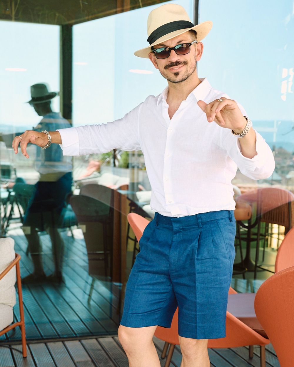 Blue Linen Bermuda Shorts with White Shirt