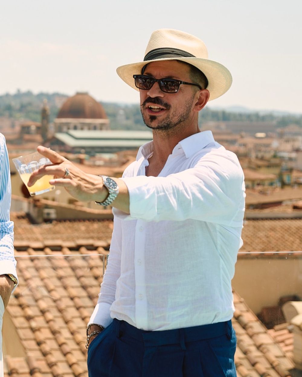 Blue Linen Bermuda Shorts with White Shirt