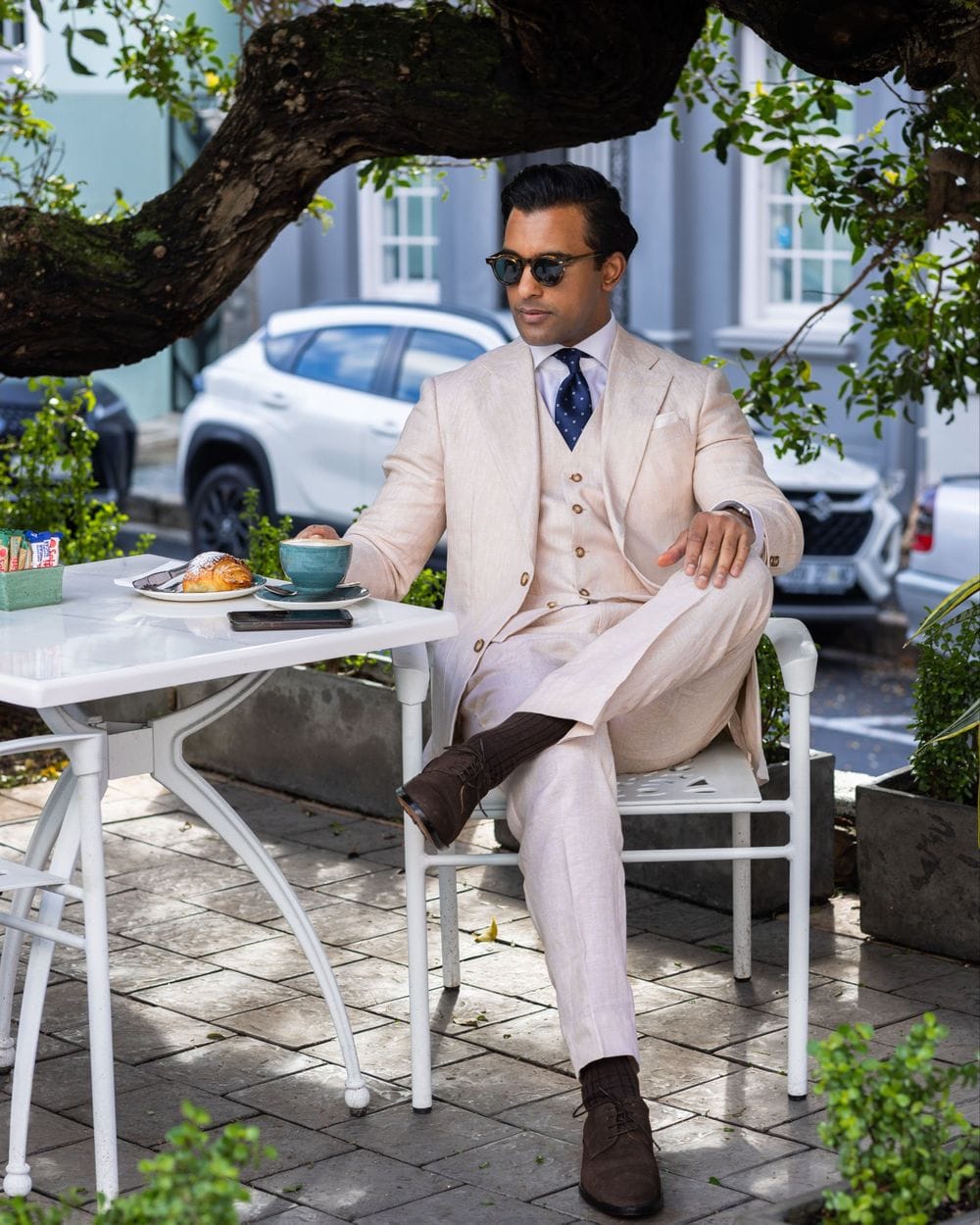 Beige Linen Three Piece Suit With Blue Polka Dot Tie