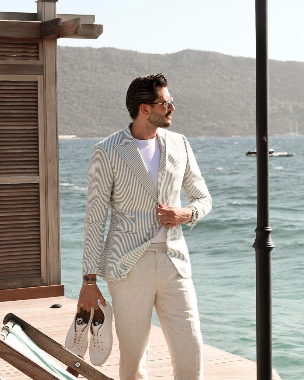 Striped Blazer with White T-Shirt and Beige Linen Trousers