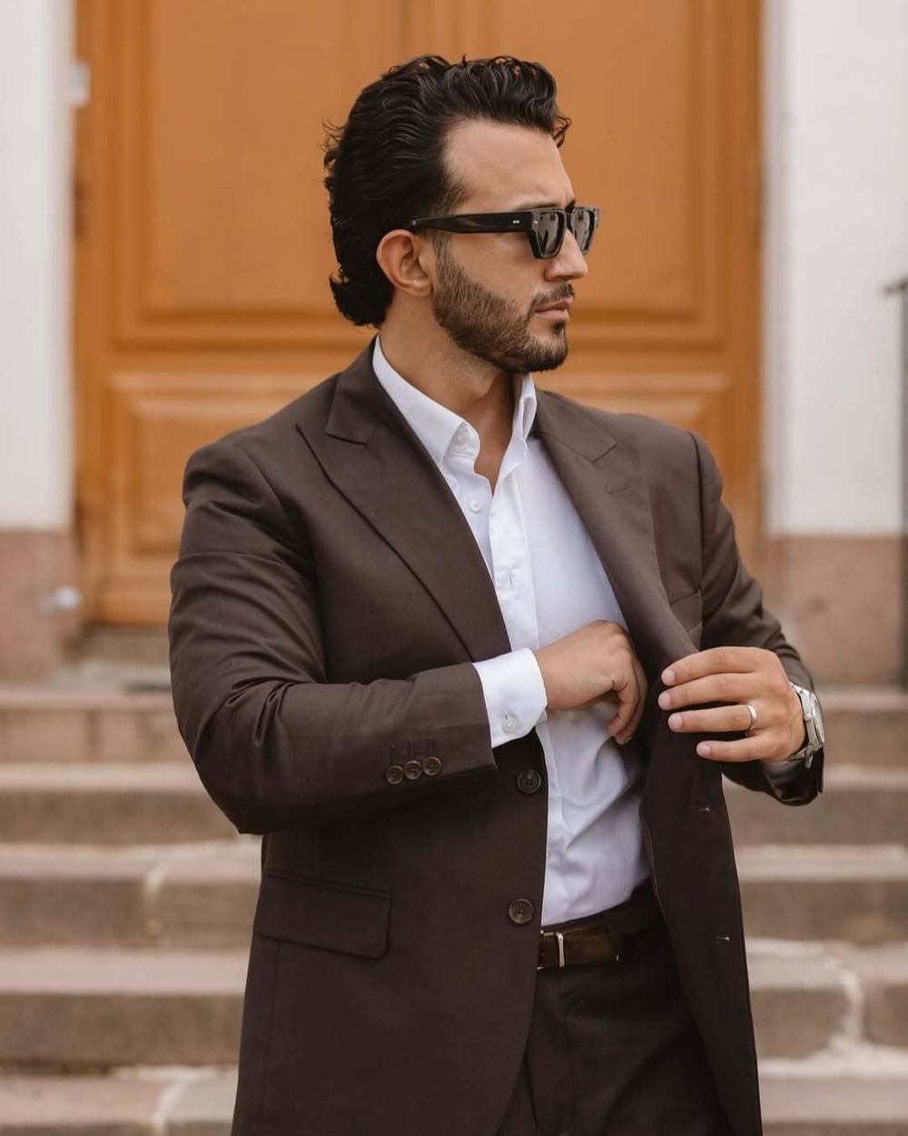 Brown Suit with White Dress Shirt