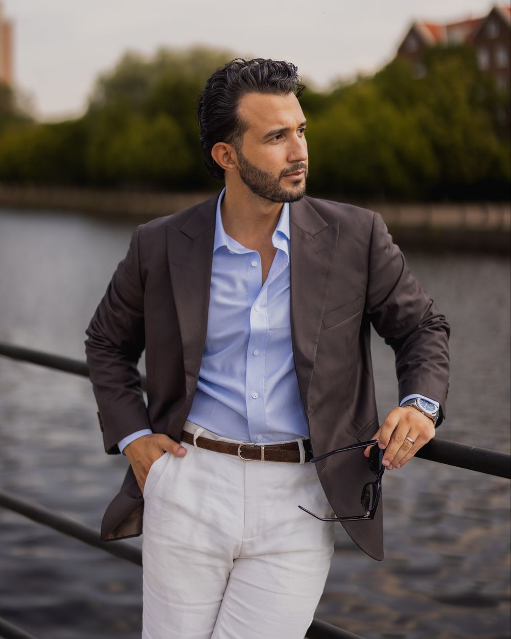 Brown Blazer with Light Blue Shirt and White Linen Trousers