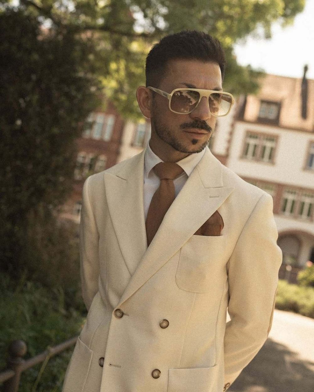 Ivory Suit with White Shirt and Brown Tie