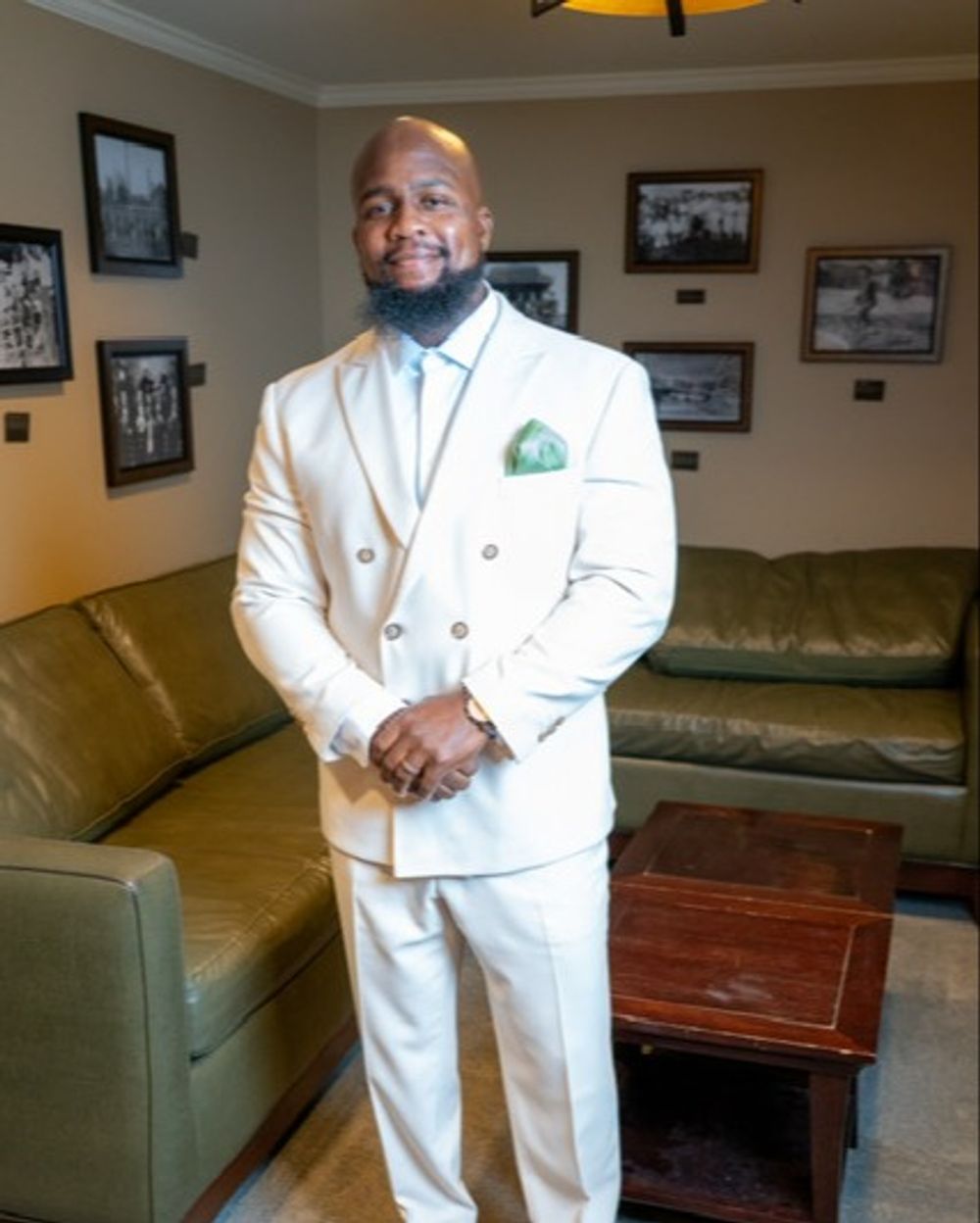 Cream Double-Breasted Suit with White Shirt and Green Pocket Square