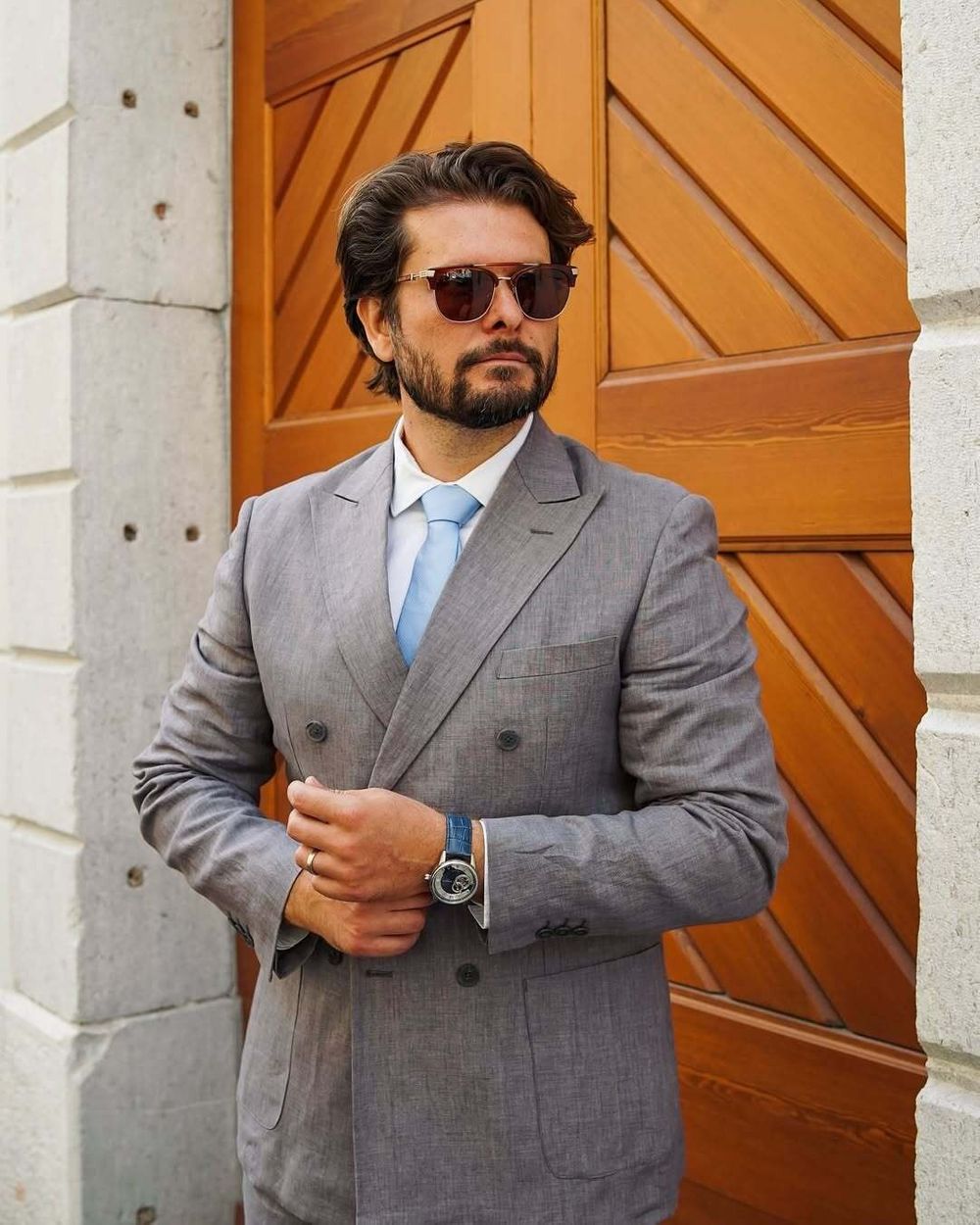 Grey Double-Breasted Suit with White Shirt and Blue Tie