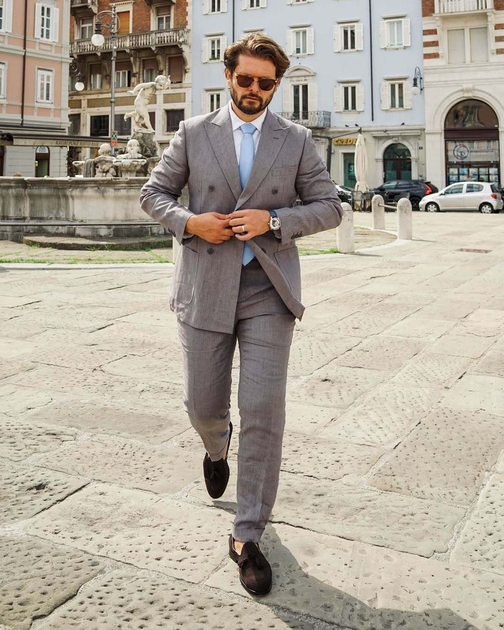Grey Double-Breasted Suit with White Shirt and Blue Tie
