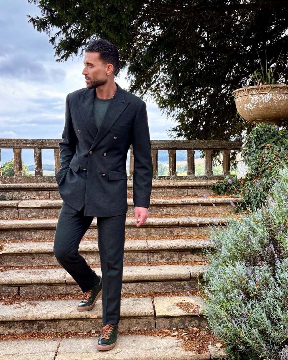 Dark Green Double-Breasted Suit with T-Shirt and Sneakers