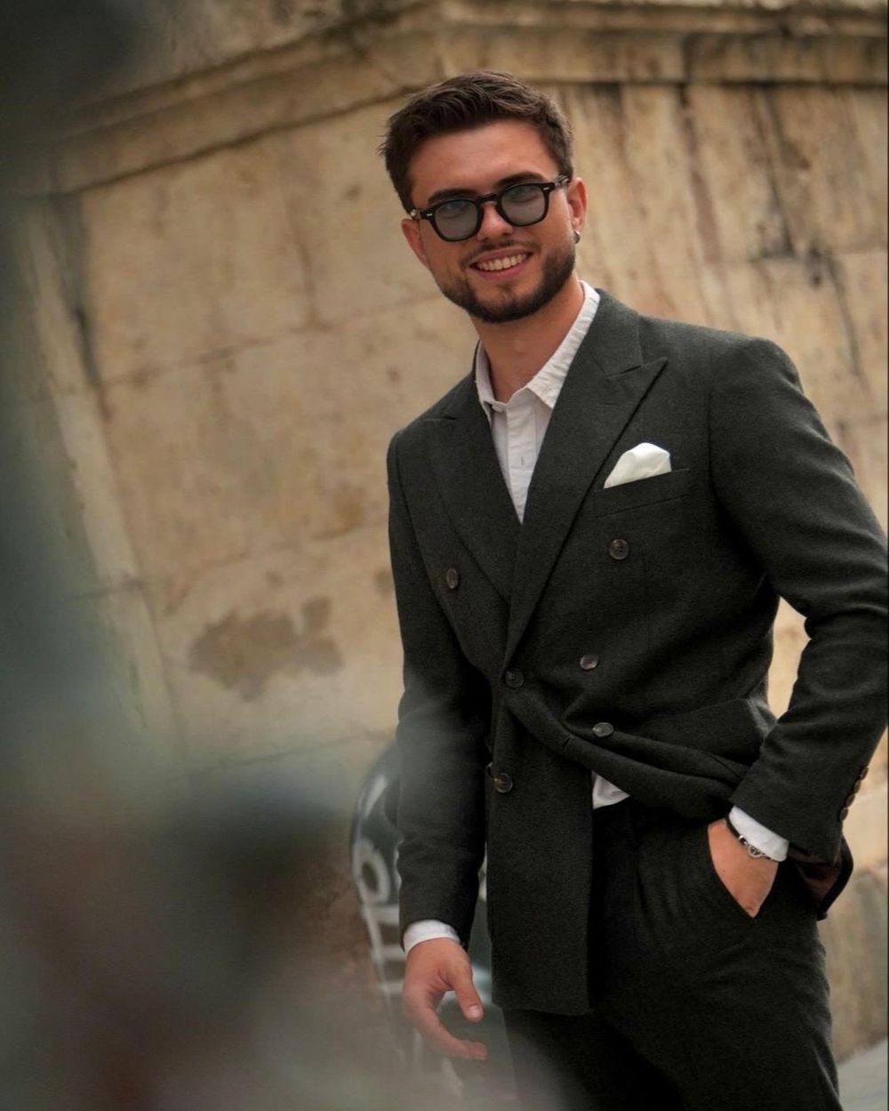 Dark Green Double-Breasted Suit with White Shirt