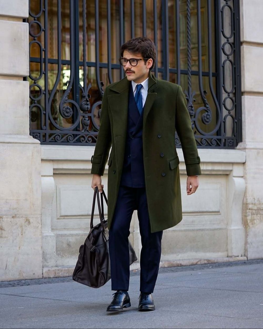 Olive Green Overcoat with Navy Suit and Tie