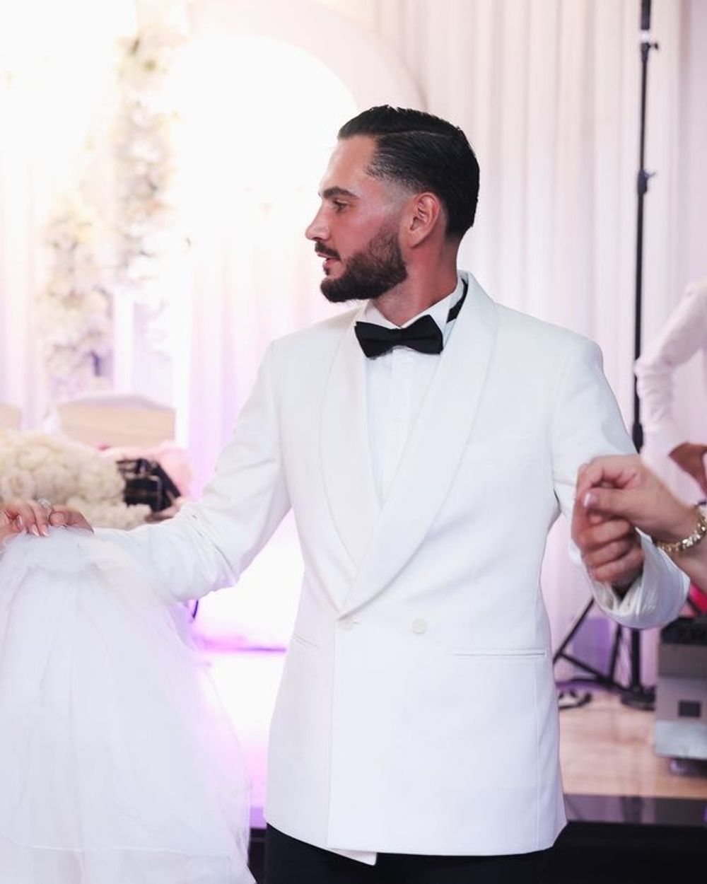 White Double-Breasted Tuxedo Jacket with Black Trousers