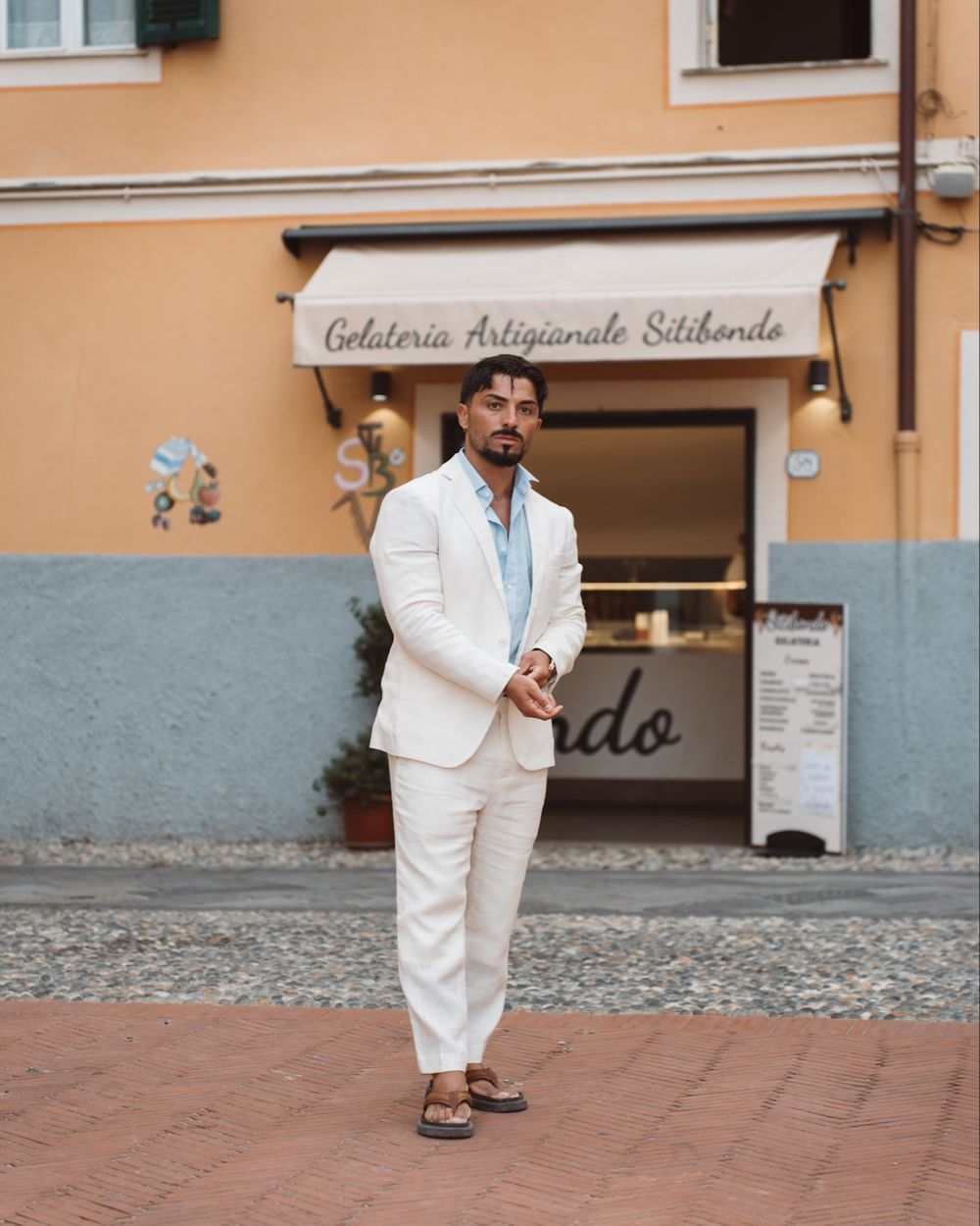 Ivory Linen Suit with Light Blue Shirt