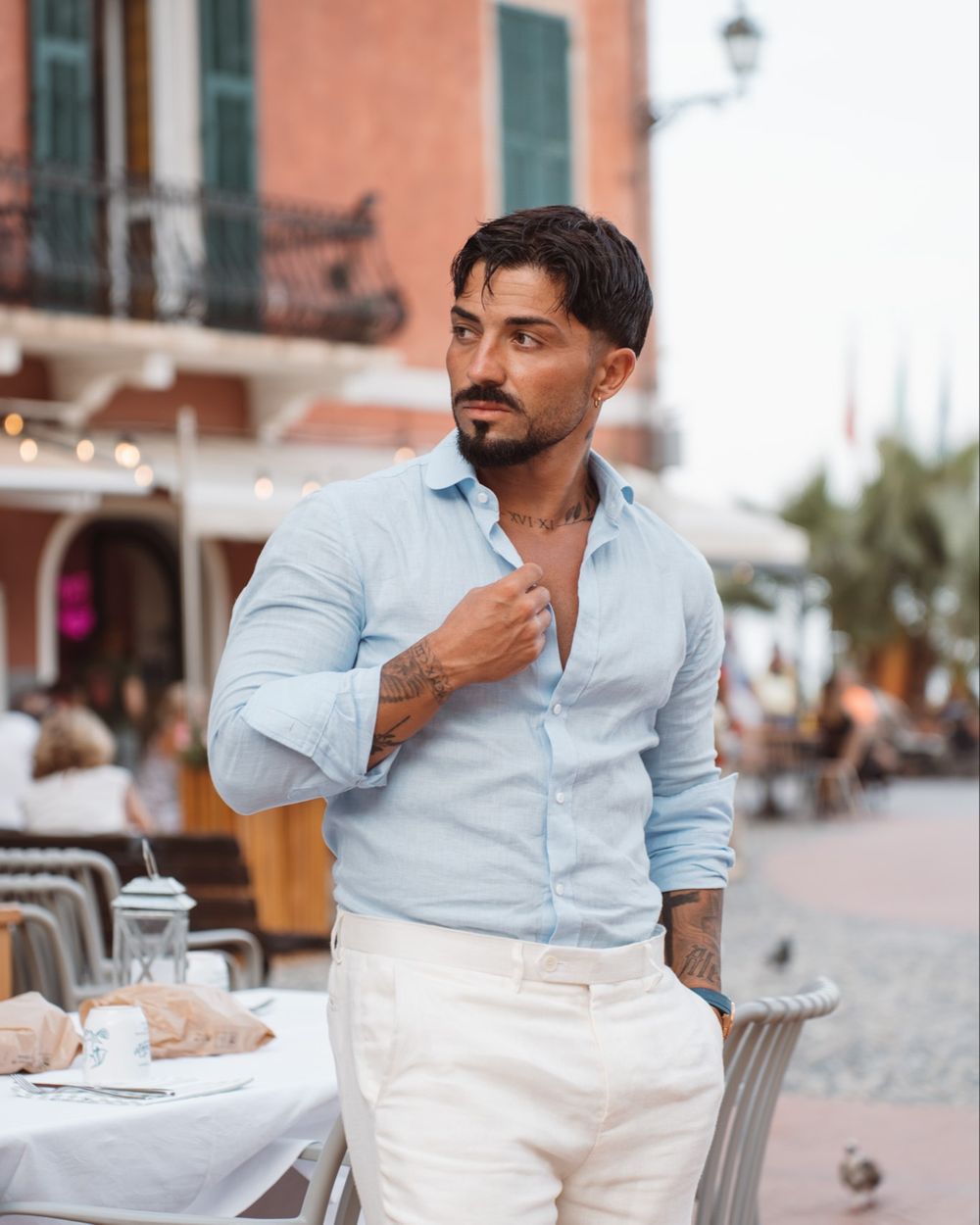 Ivory Linen Suit with Light Blue Shirt