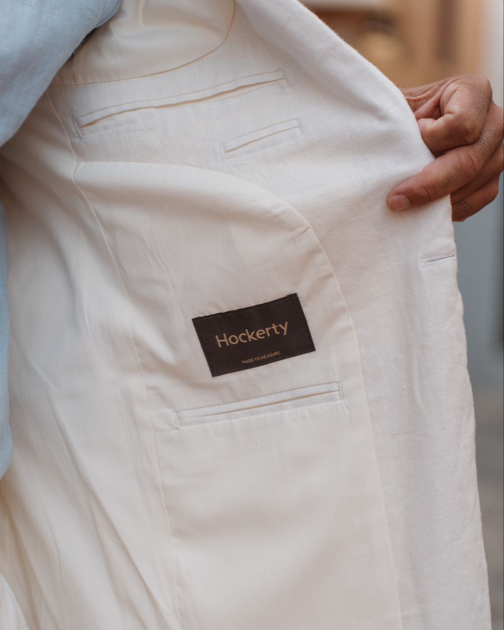 Ivory Linen Suit with Light Blue Shirt