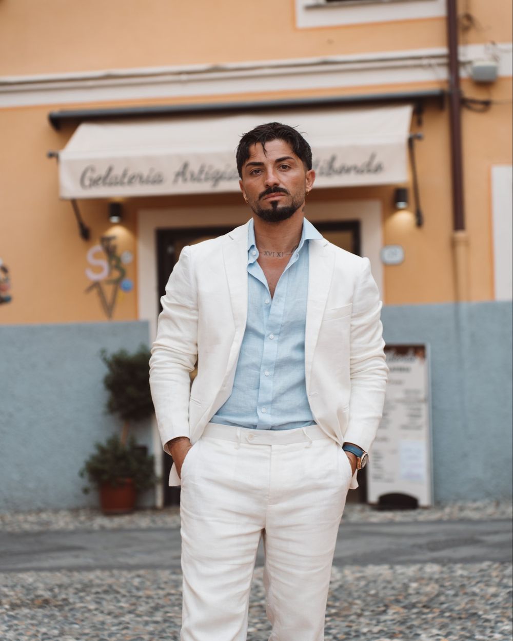 Ivory Linen Suit with Light Blue Shirt