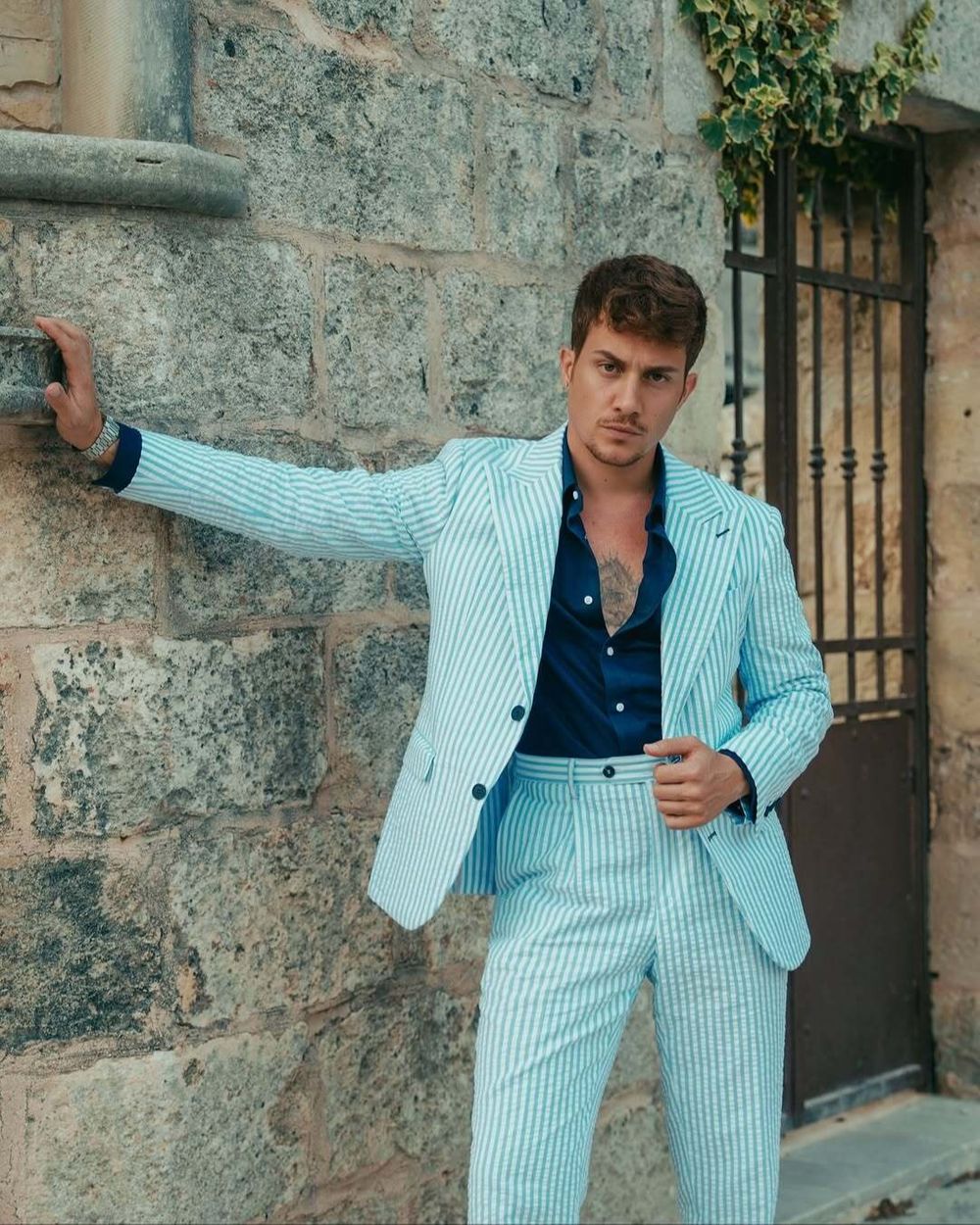 Blue and White Striped Suit with Navy Shirt