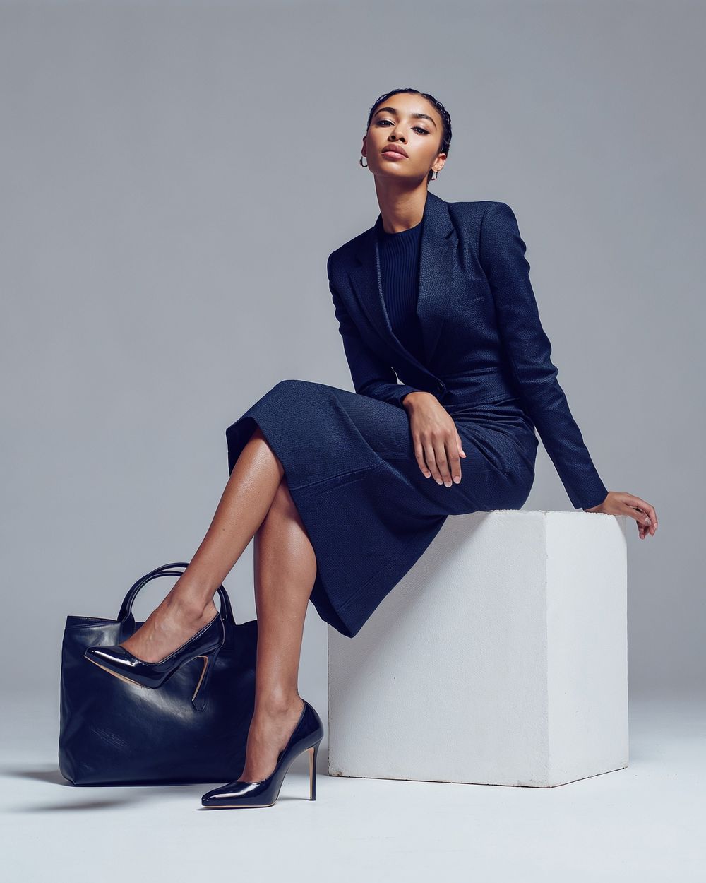 Tailleur Jupe Bleu Marine à Rayures avec Blazer Ceinturé | Sumissura