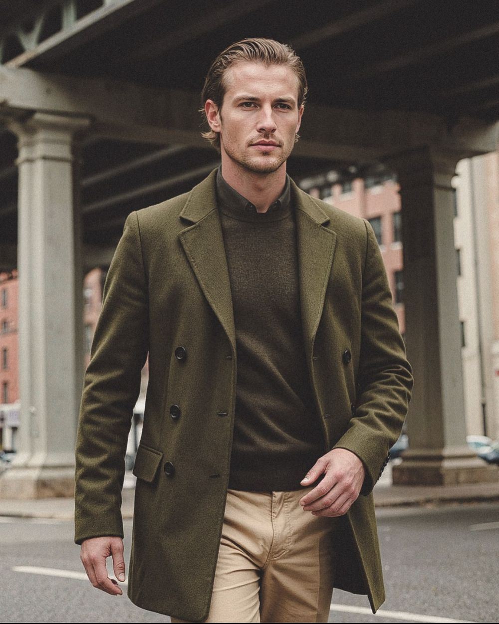 Olive Green Overcoat with Khaki Trousers