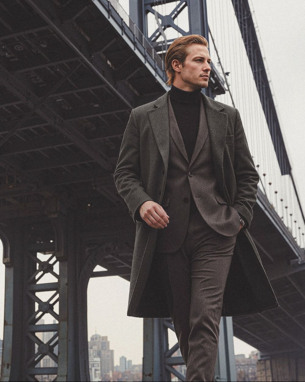 Charcoal Grey Overcoat with Grey Suit and Black Turtleneck