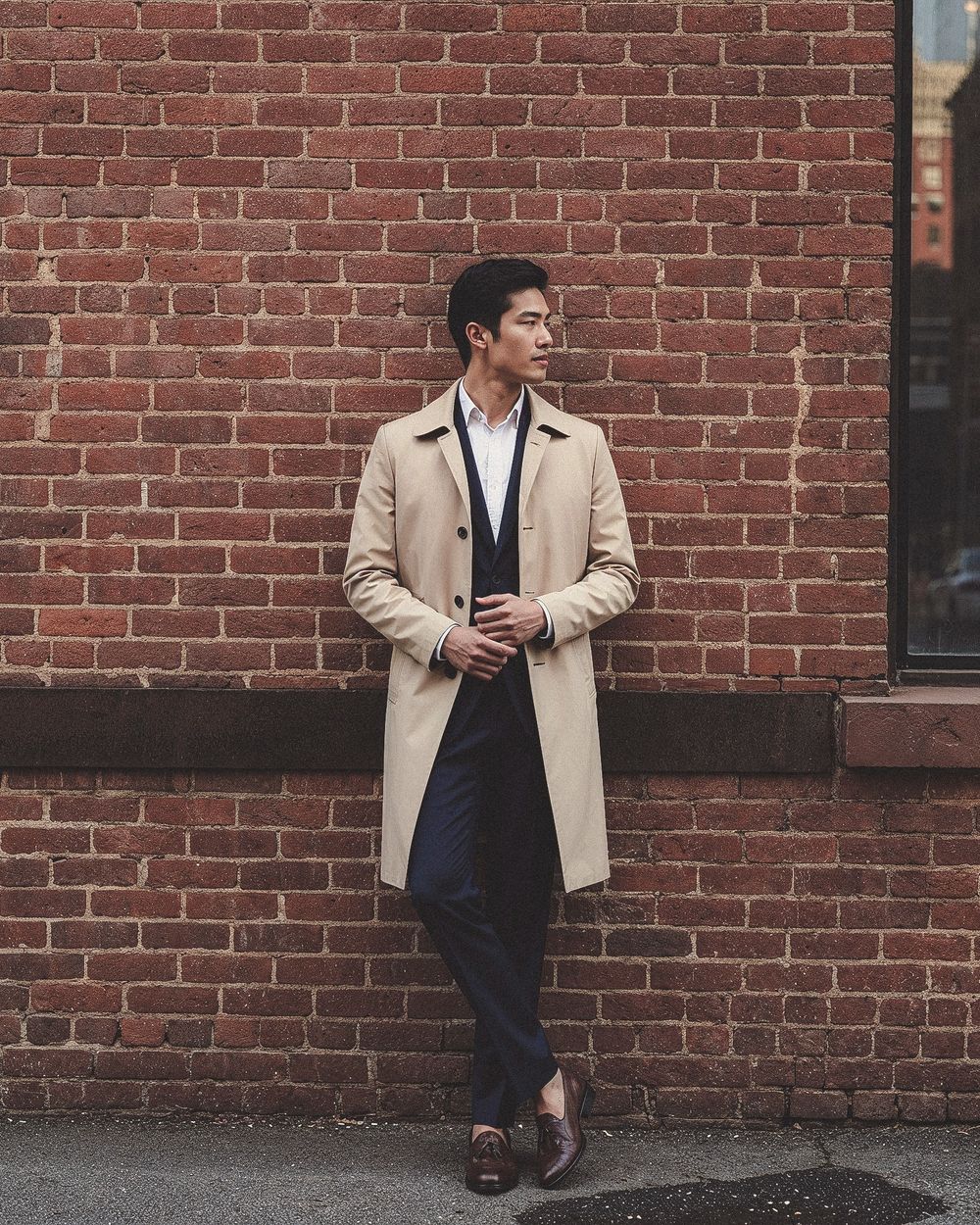 Beige Trench Coat with Navy Suit and White Shirt