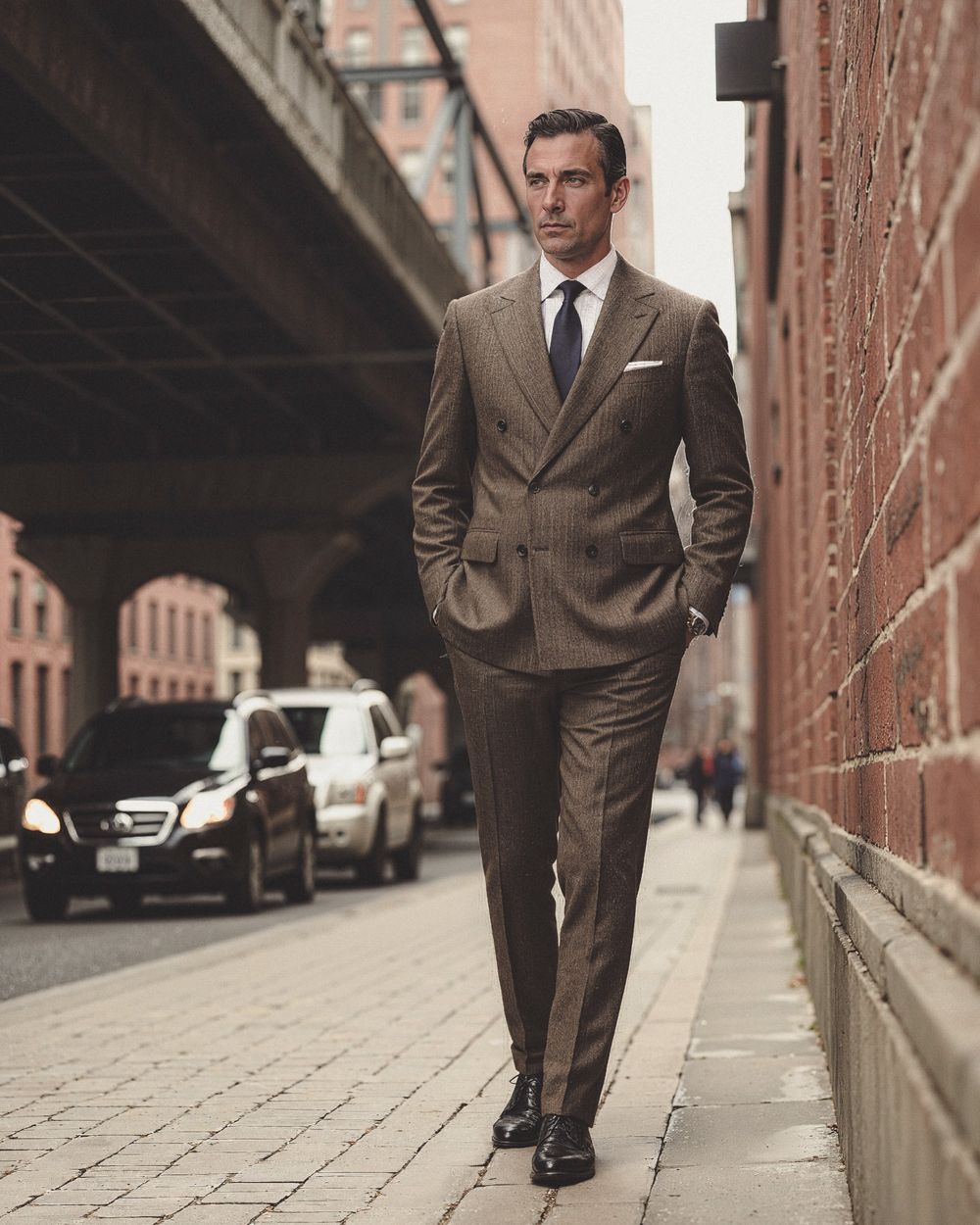 Brown Double-Breasted Suit with Blue Tie
