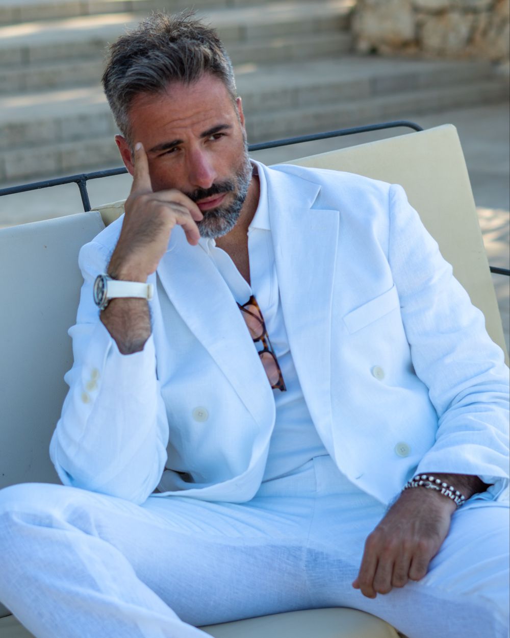 All-White Linen Double-Breasted Suit with V-Neck T-Shirt