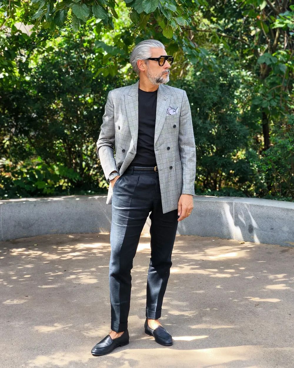 Gray Check Double-Breasted Blazer with Black T-Shirt and Trousers