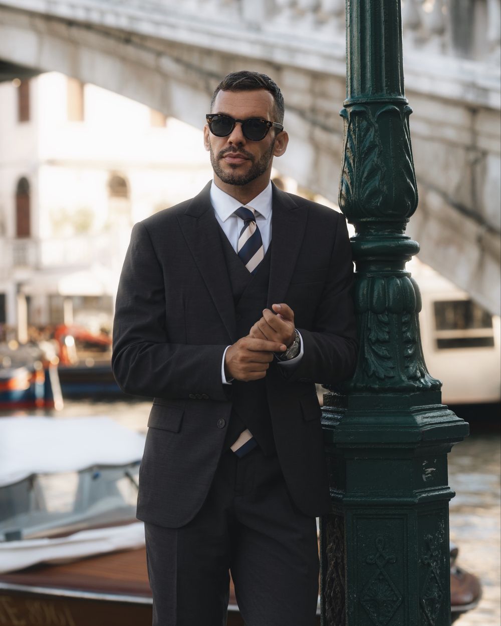 Intense Brown Three-Piece Suit with Striped Tie