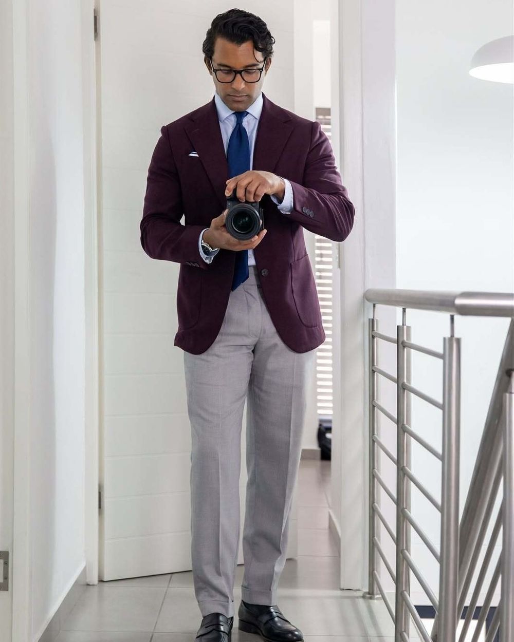 Burgundy Blazer with Light Gray Trousers and Blue Tie