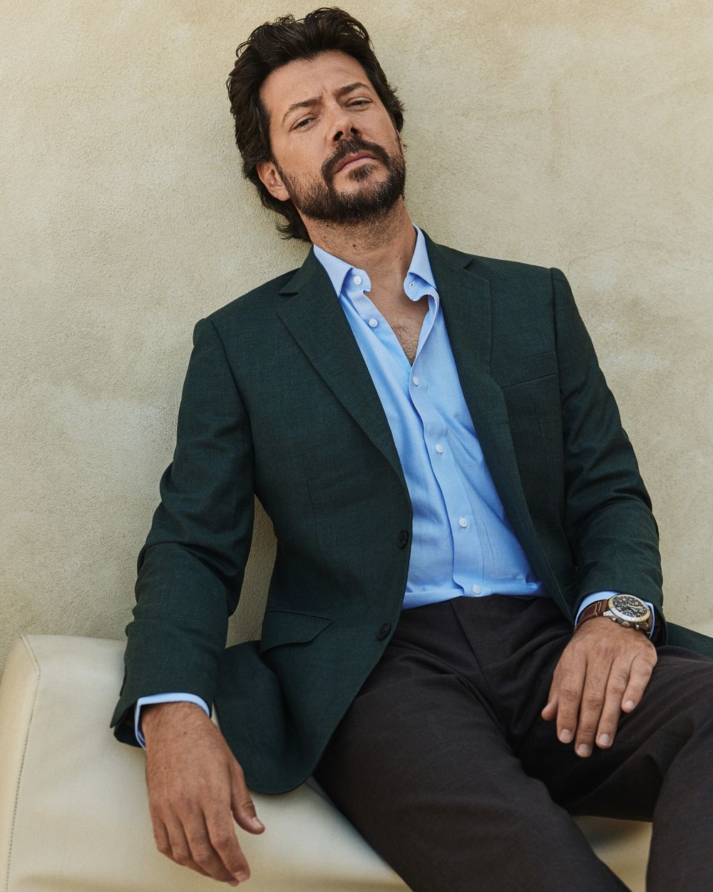 Forest Green Blazer with Light Blue Shirt and Brown Trousers